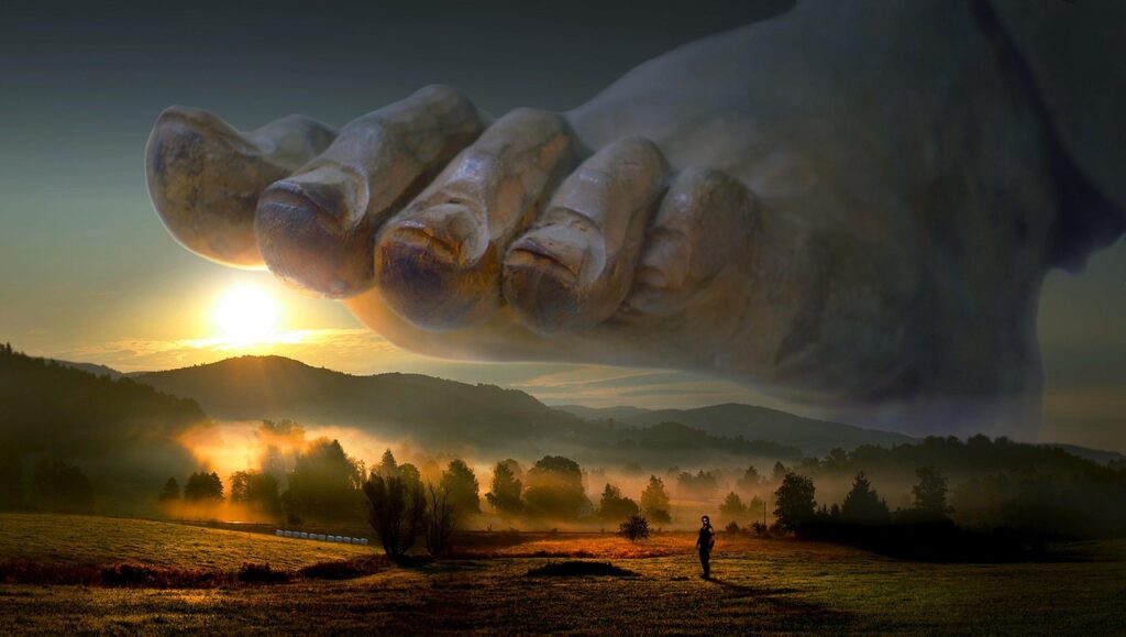 fantasy, surreal, god, foot, power, strength, superiority, deity, big, gigantic, mystical, force of nature, fairytale, composing, nature, eve, photomontage, sunset